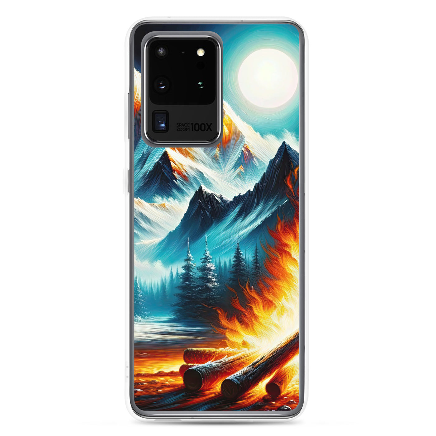 Ölgemälde von Feuer und Eis: Lagerfeuer und Alpen im Kontrast, warme Flammen - Samsung Schutzhülle (durchsichtig) camping xxx yyy zzz Samsung Galaxy S20 Ultra