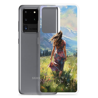 Frau mit langen Kleid im Feld mit Blumen - Berge im Hintergrund - Malerei - Samsung Schutzhülle (durchsichtig) berge xxx