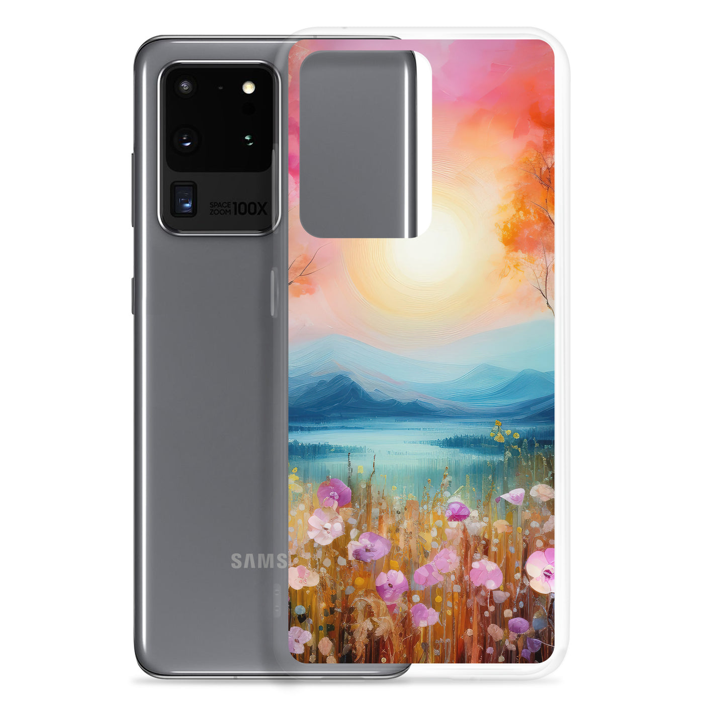 Berge, See, pinke Bäume und Blumen - Malerei - Samsung Schutzhülle (durchsichtig) berge xxx