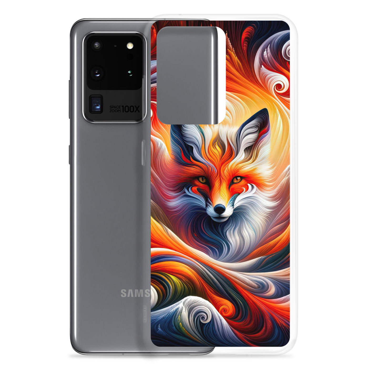 Abstraktes Kunstwerk, das den Geist der Alpen verkörpert. Leuchtender Fuchs in den Farben Orange, Rot, Weiß - Samsung Schutzhülle (durchsichtig) camping xxx yyy zzz