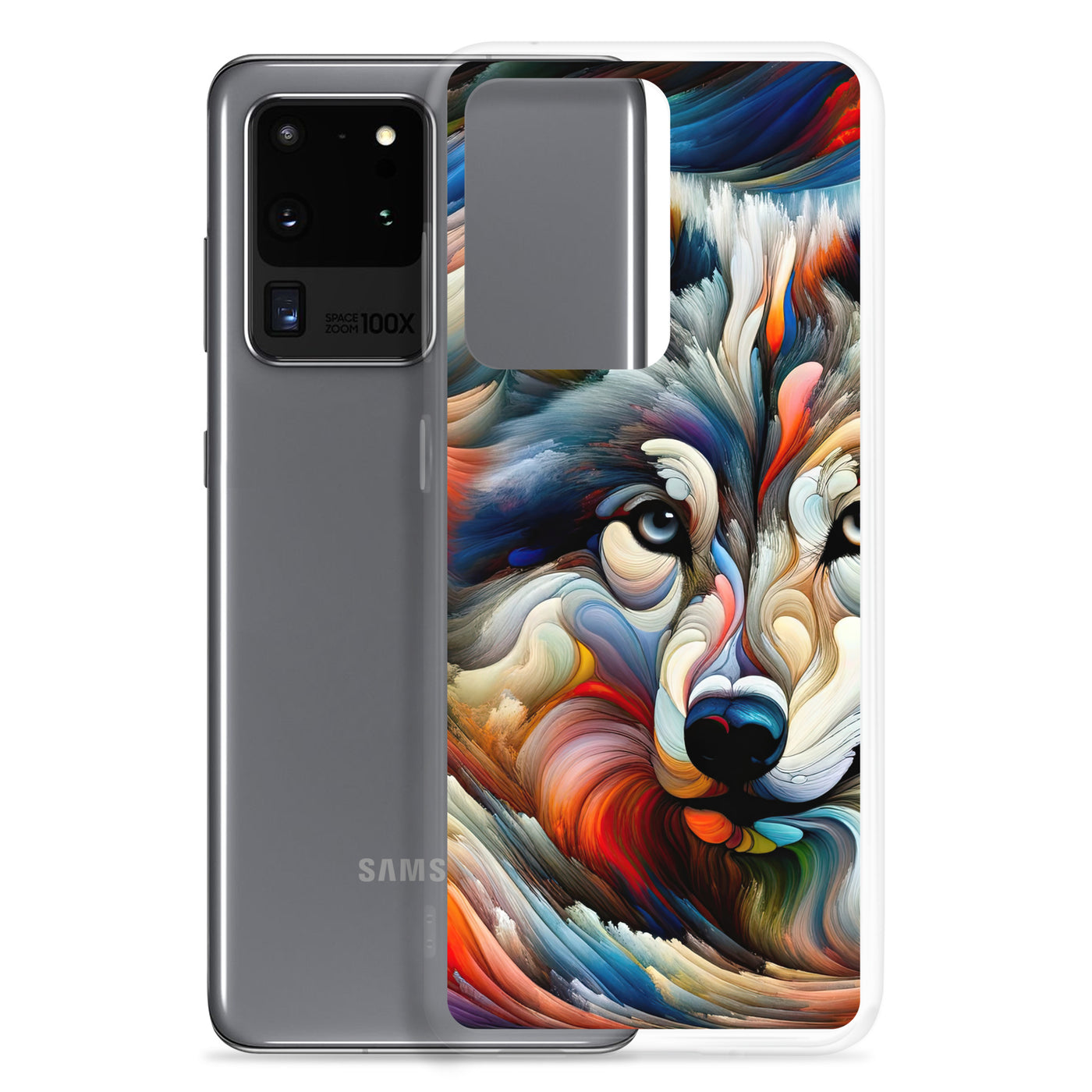 Abstrakte Kunst der Alpen mit einem Wolf. Chaotischer Tanz aus Farben und Formen. Surreale Landschaft (AN) - Samsung Schutzhülle (durchsichtig) xxx yyy zzz