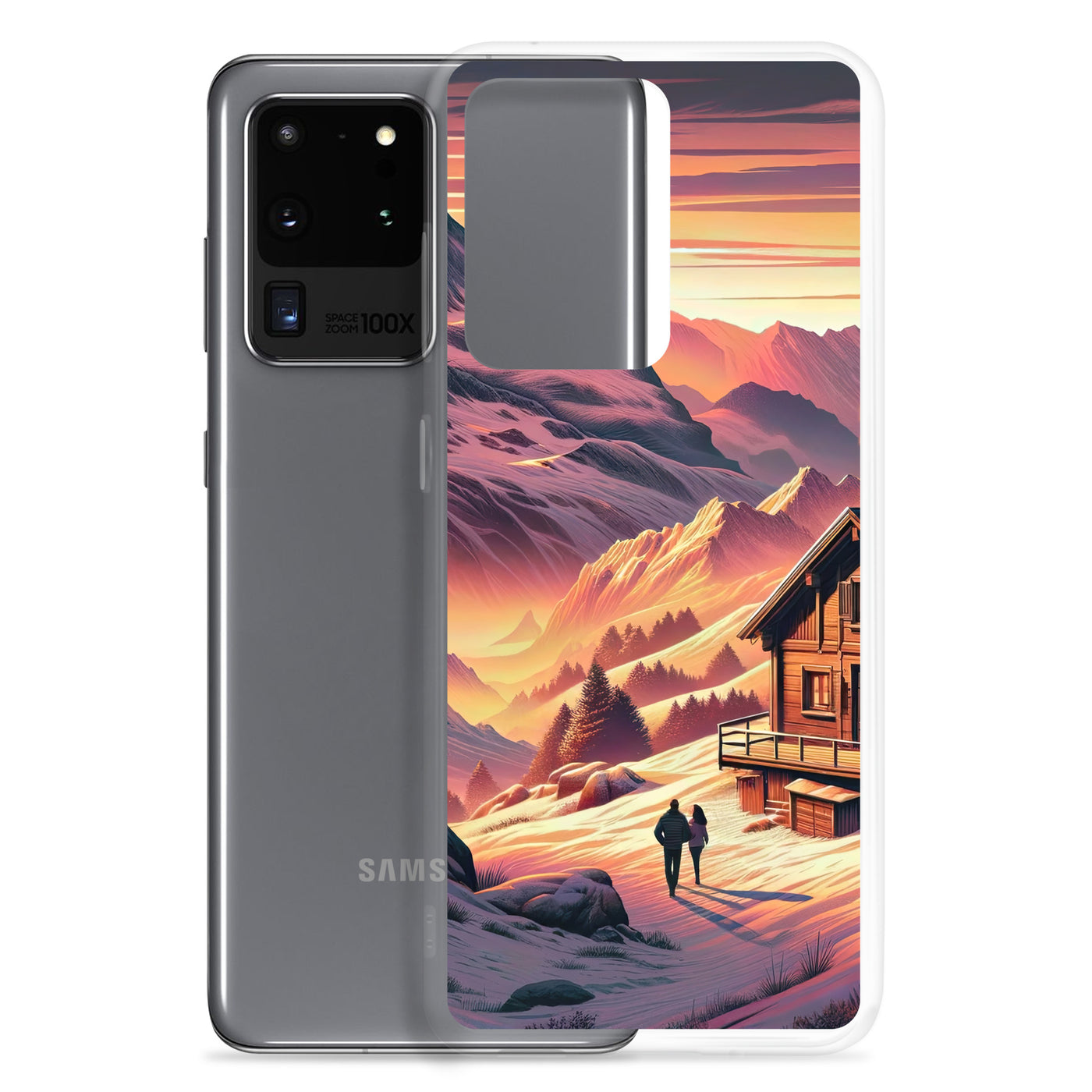 Berghütte im goldenen Sonnenuntergang: Digitale Alpenillustration - Samsung Schutzhülle (durchsichtig) berge xxx yyy zzz