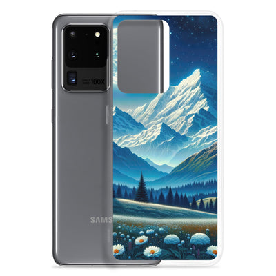 Klare frühlingshafte Alpennacht mit Blumen und Vollmond über Schneegipfeln - Samsung Schutzhülle (durchsichtig) berge xxx yyy zzz