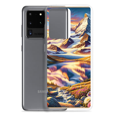 Quadratische Illustration der Alpen mit schneebedeckten Gipfeln und Wildblumen - Samsung Schutzhülle (durchsichtig) berge xxx yyy zzz