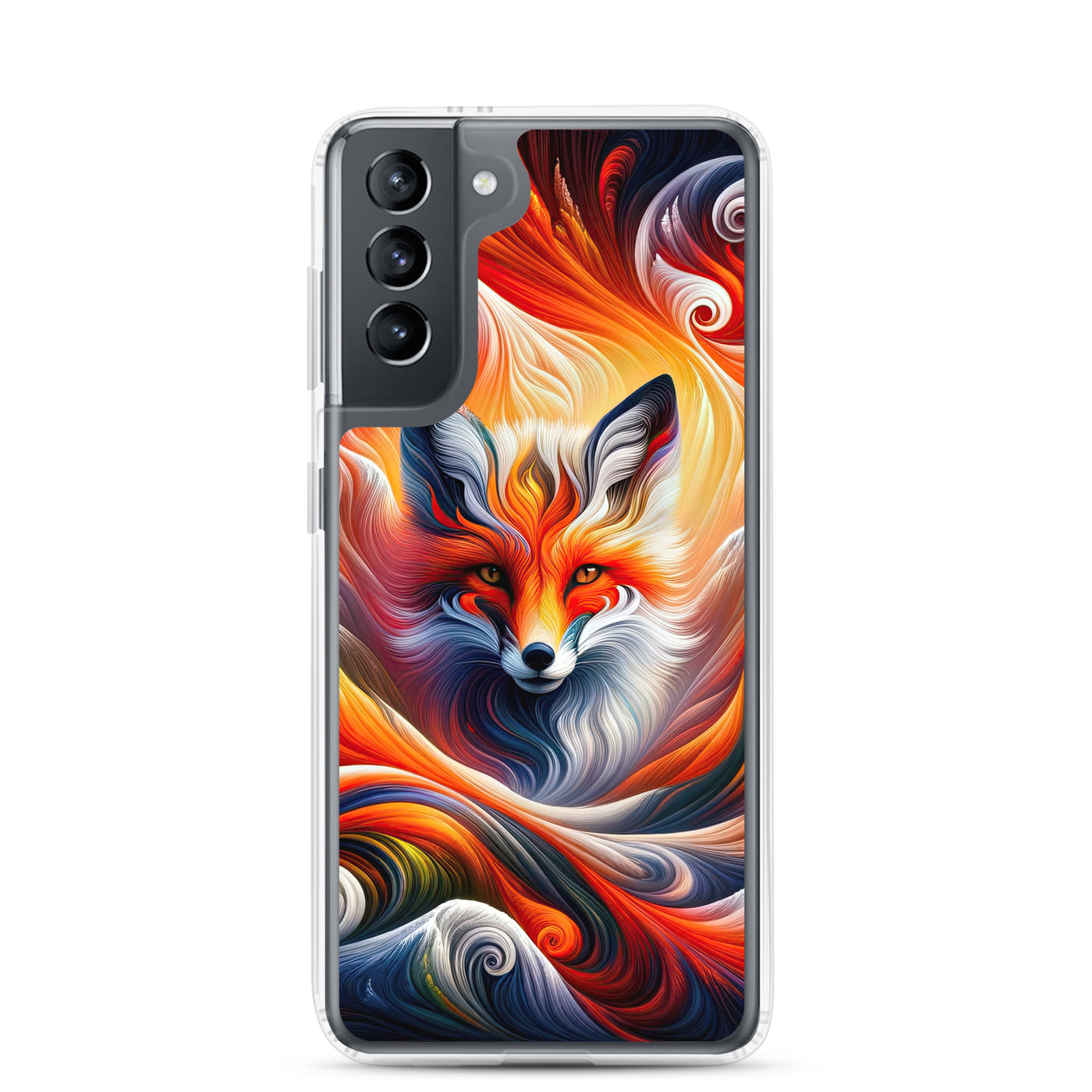 Abstraktes Kunstwerk, das den Geist der Alpen verkörpert. Leuchtender Fuchs in den Farben Orange, Rot, Weiß - Samsung Schutzhülle (durchsichtig) camping xxx yyy zzz Samsung Galaxy S21