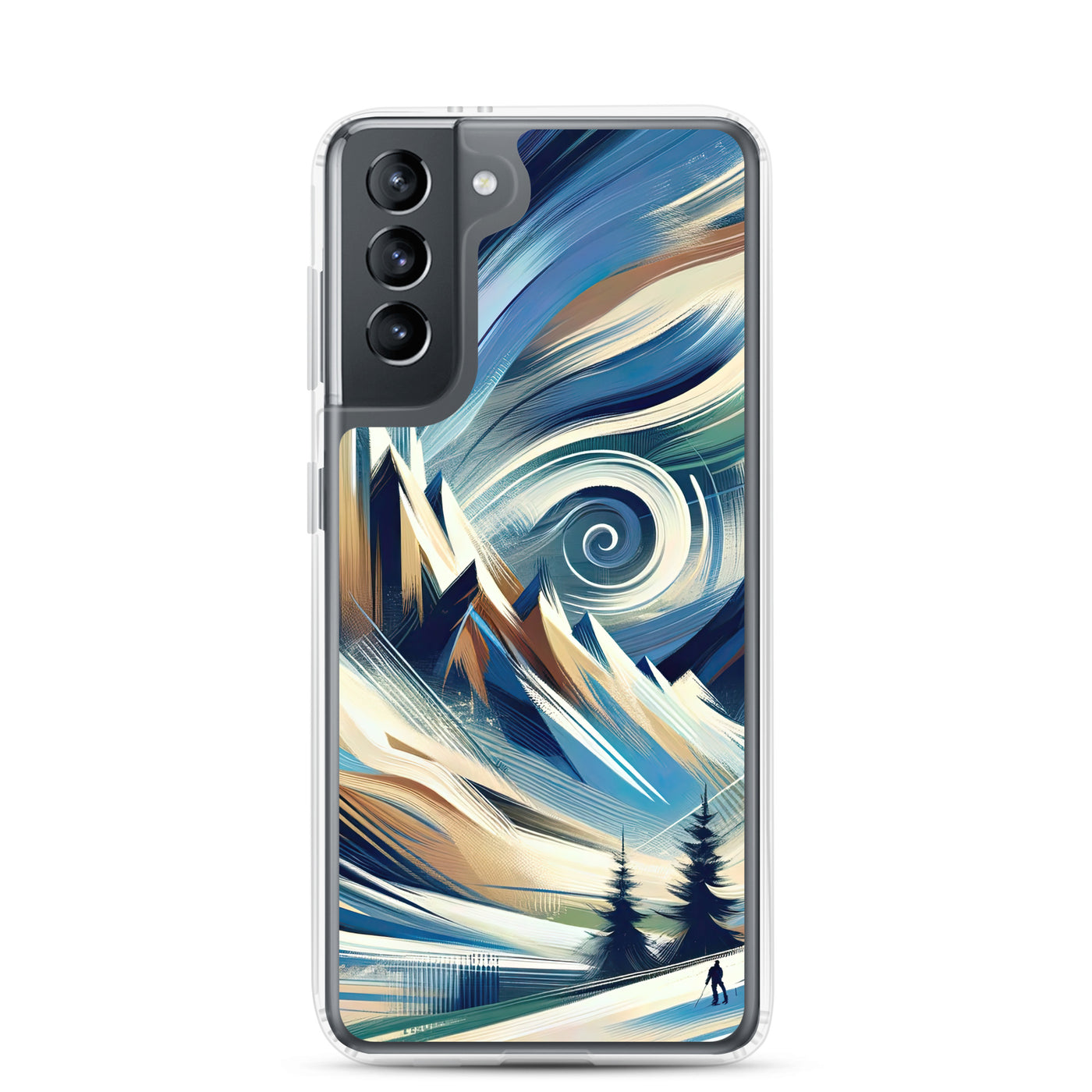 Abstrakte Kunst, die die Essenz der Alpen einfängt. Kräftige Pinselstriche stellen Gipfel und Muster dar - Samsung Schutzhülle (durchsichtig) berge xxx yyy zzz Samsung Galaxy S21