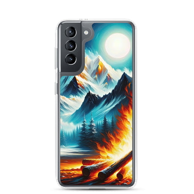 Ölgemälde von Feuer und Eis: Lagerfeuer und Alpen im Kontrast, warme Flammen - Samsung Schutzhülle (durchsichtig) camping xxx yyy zzz Samsung Galaxy S21