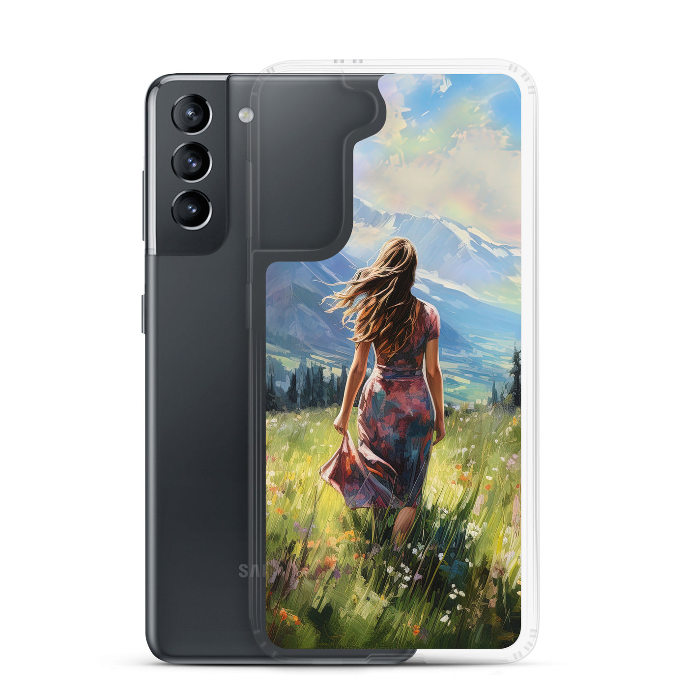 Frau mit langen Kleid im Feld mit Blumen - Berge im Hintergrund - Malerei - Samsung Schutzhülle (durchsichtig) berge xxx