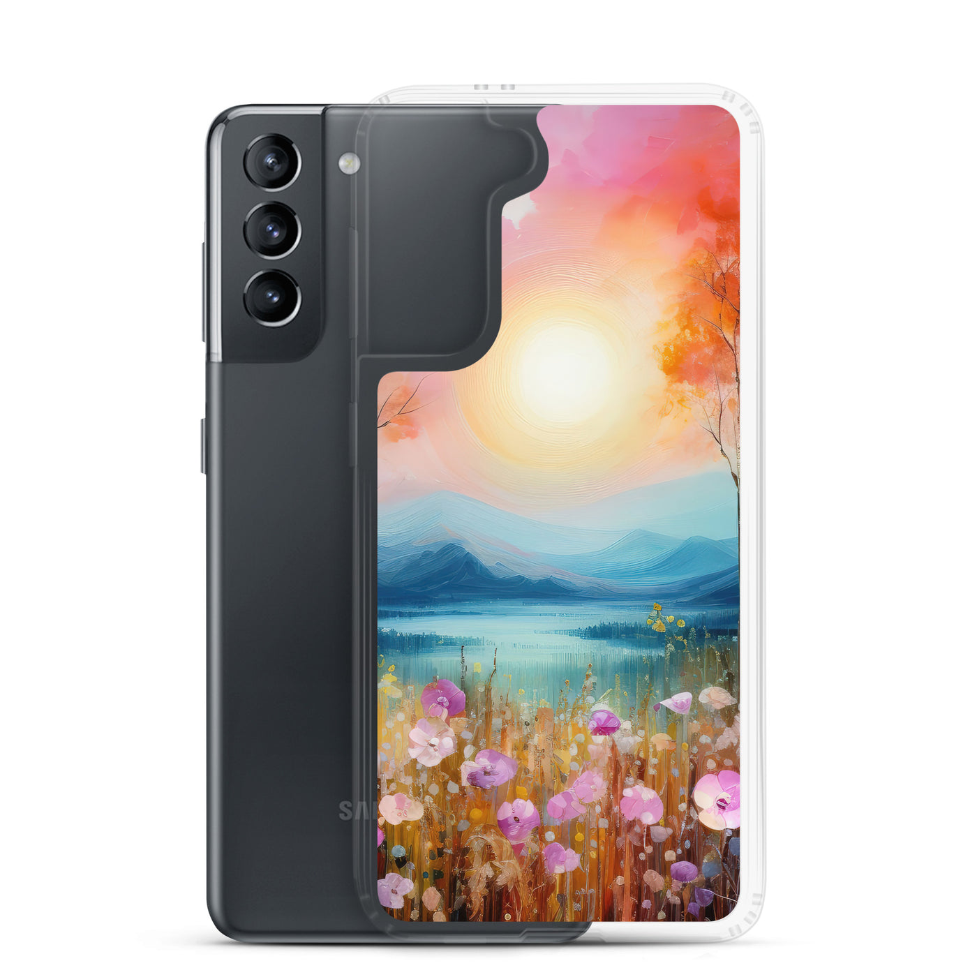 Berge, See, pinke Bäume und Blumen - Malerei - Samsung Schutzhülle (durchsichtig) berge xxx