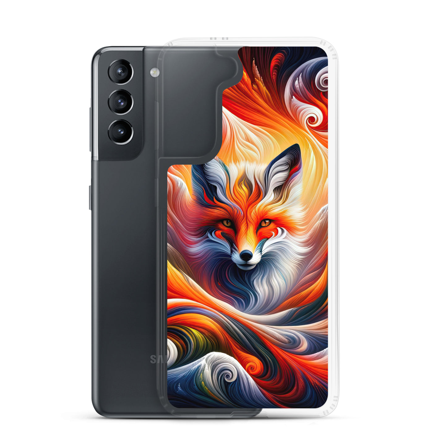 Abstraktes Kunstwerk, das den Geist der Alpen verkörpert. Leuchtender Fuchs in den Farben Orange, Rot, Weiß - Samsung Schutzhülle (durchsichtig) camping xxx yyy zzz