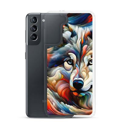 Abstrakte Kunst der Alpen mit einem Wolf. Chaotischer Tanz aus Farben und Formen. Surreale Landschaft (AN) - Samsung Schutzhülle (durchsichtig) xxx yyy zzz