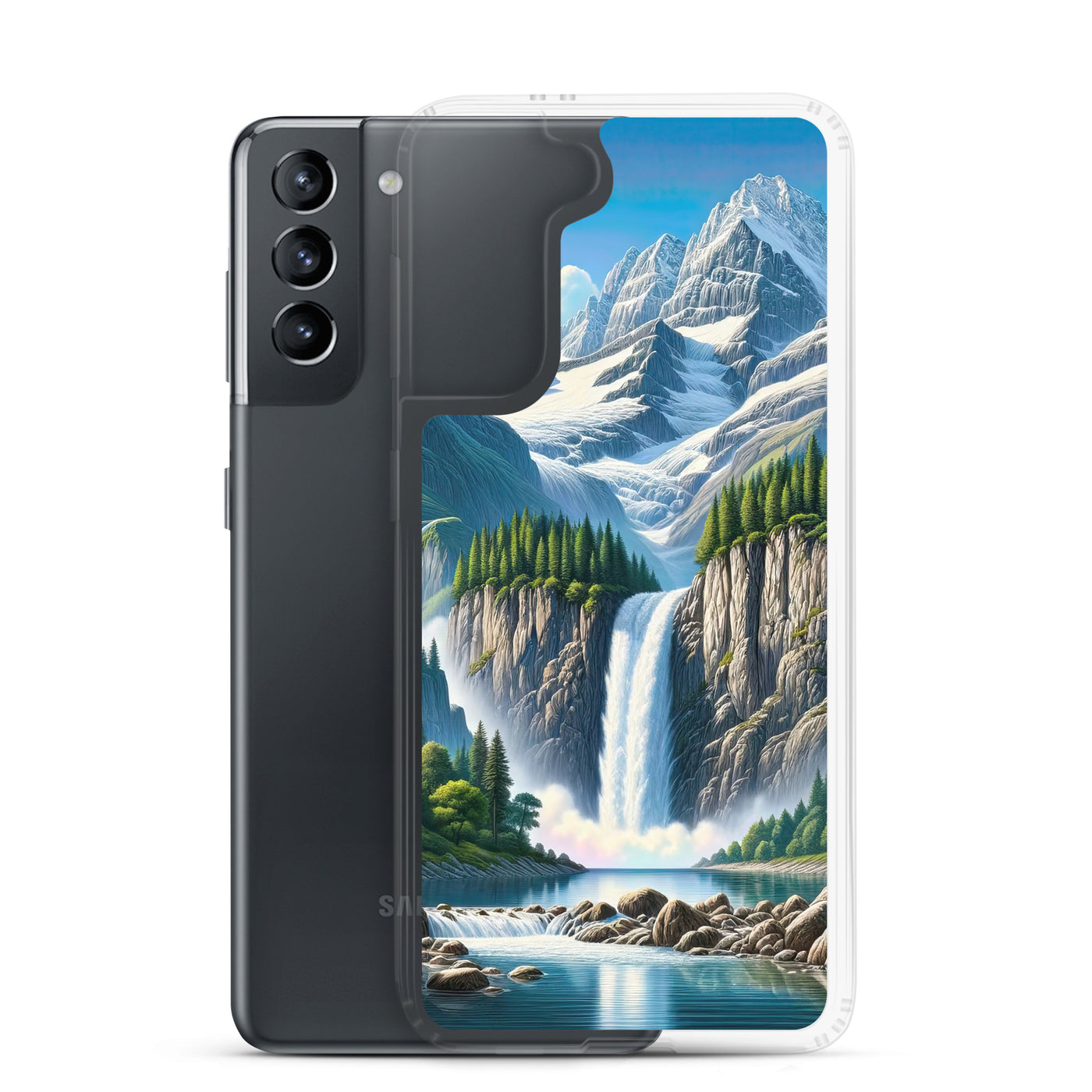 Illustration einer unberührten Alpenkulisse im Hochsommer. Wasserfall und See - Samsung Schutzhülle (durchsichtig) berge xxx yyy zzz