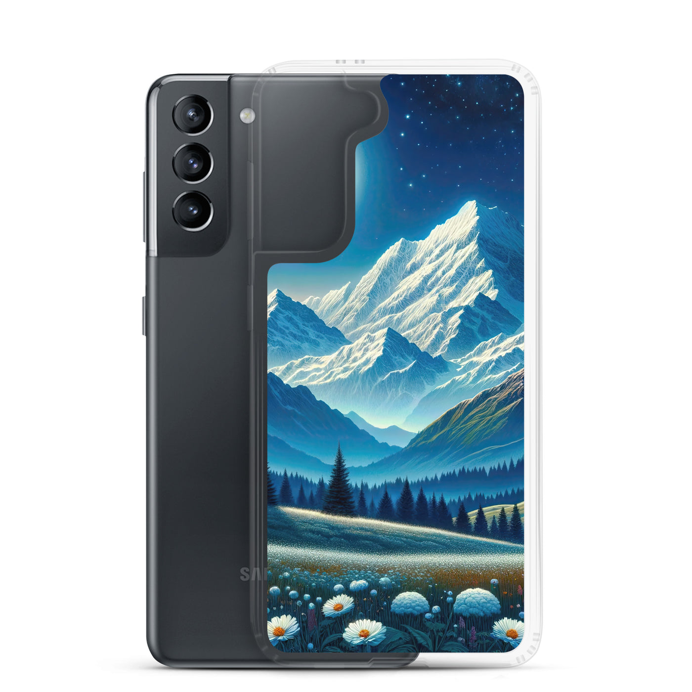 Klare frühlingshafte Alpennacht mit Blumen und Vollmond über Schneegipfeln - Samsung Schutzhülle (durchsichtig) berge xxx yyy zzz