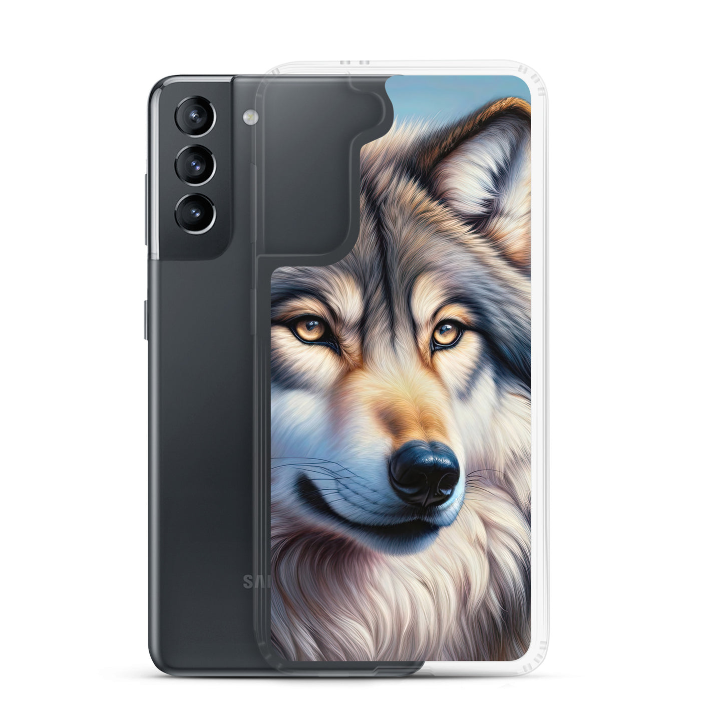 Ölgemäldeporträt eines majestätischen Wolfes mit intensiven Augen in der Berglandschaft (AN) - Samsung Schutzhülle (durchsichtig) xxx yyy zzz