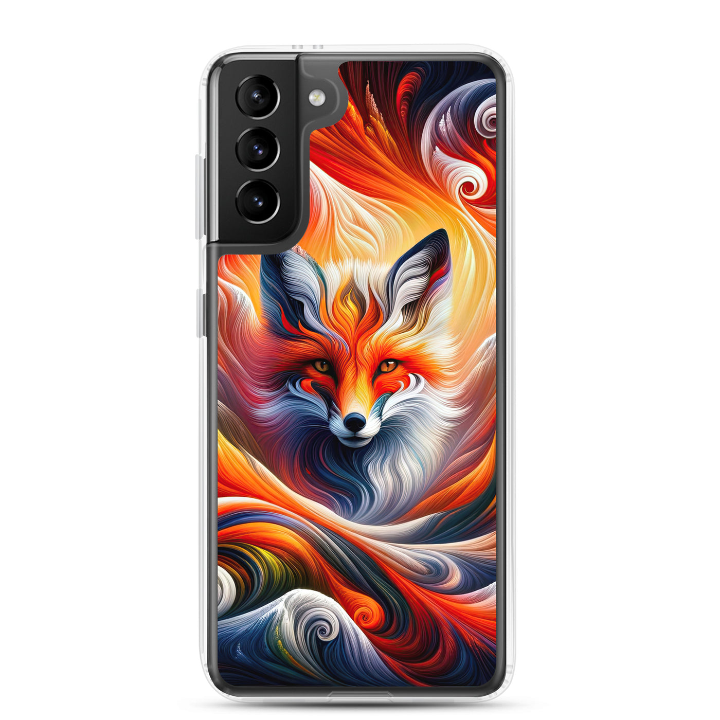 Abstraktes Kunstwerk, das den Geist der Alpen verkörpert. Leuchtender Fuchs in den Farben Orange, Rot, Weiß - Samsung Schutzhülle (durchsichtig) camping xxx yyy zzz Samsung Galaxy S21 Plus