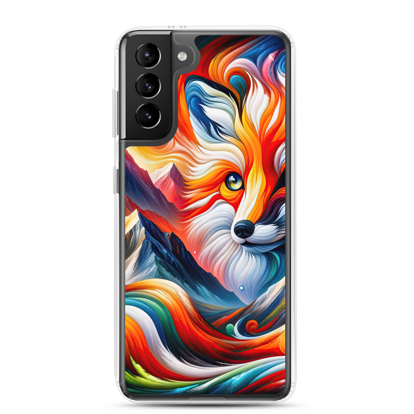 Abstrakte Kunst der Alpen voller lebendiger Farben und dynamischer Bewegung. Es dominiert ein farbiger Fuchs - Samsung Schutzhülle (durchsichtig) camping xxx yyy zzz Samsung Galaxy S21 Plus