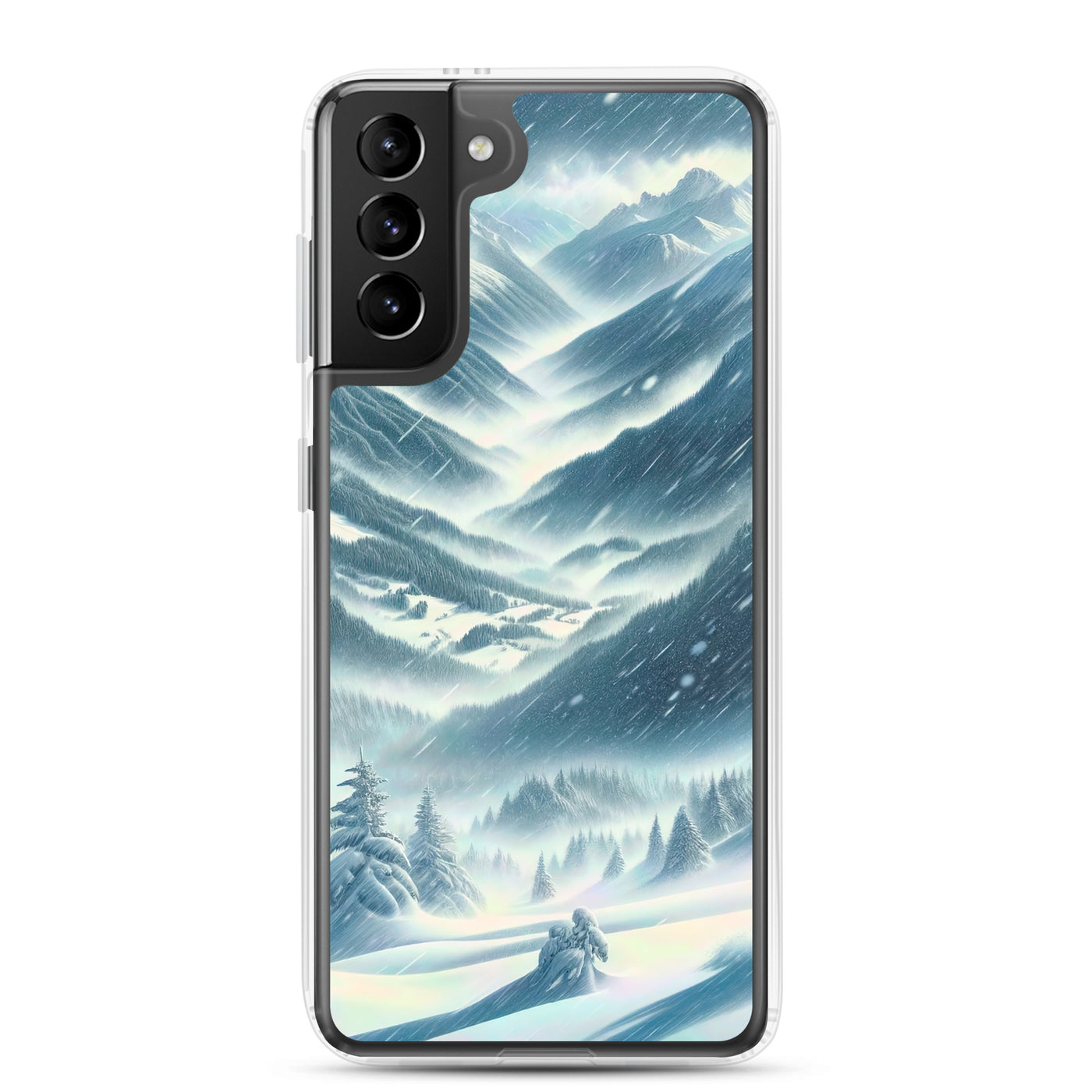 Alpine Wildnis im Wintersturm mit Skifahrer, verschneite Landschaft - Samsung Schutzhülle (durchsichtig) klettern ski xxx yyy zzz Samsung Galaxy S21 Plus