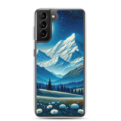 Klare frühlingshafte Alpennacht mit Blumen und Vollmond über Schneegipfeln - Samsung Schutzhülle (durchsichtig) berge xxx yyy zzz Samsung Galaxy S21 Plus