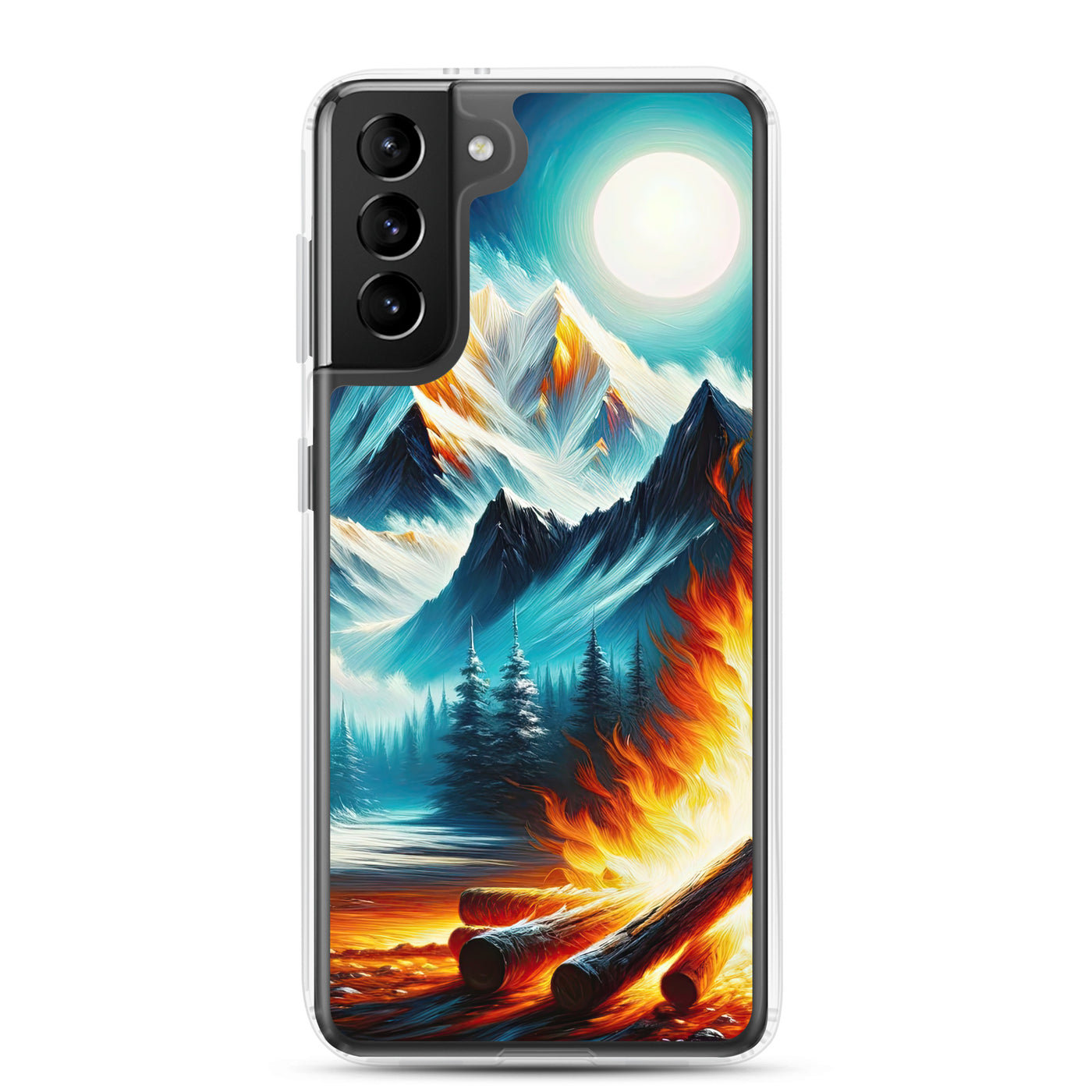 Ölgemälde von Feuer und Eis: Lagerfeuer und Alpen im Kontrast, warme Flammen - Samsung Schutzhülle (durchsichtig) camping xxx yyy zzz Samsung Galaxy S21 Plus