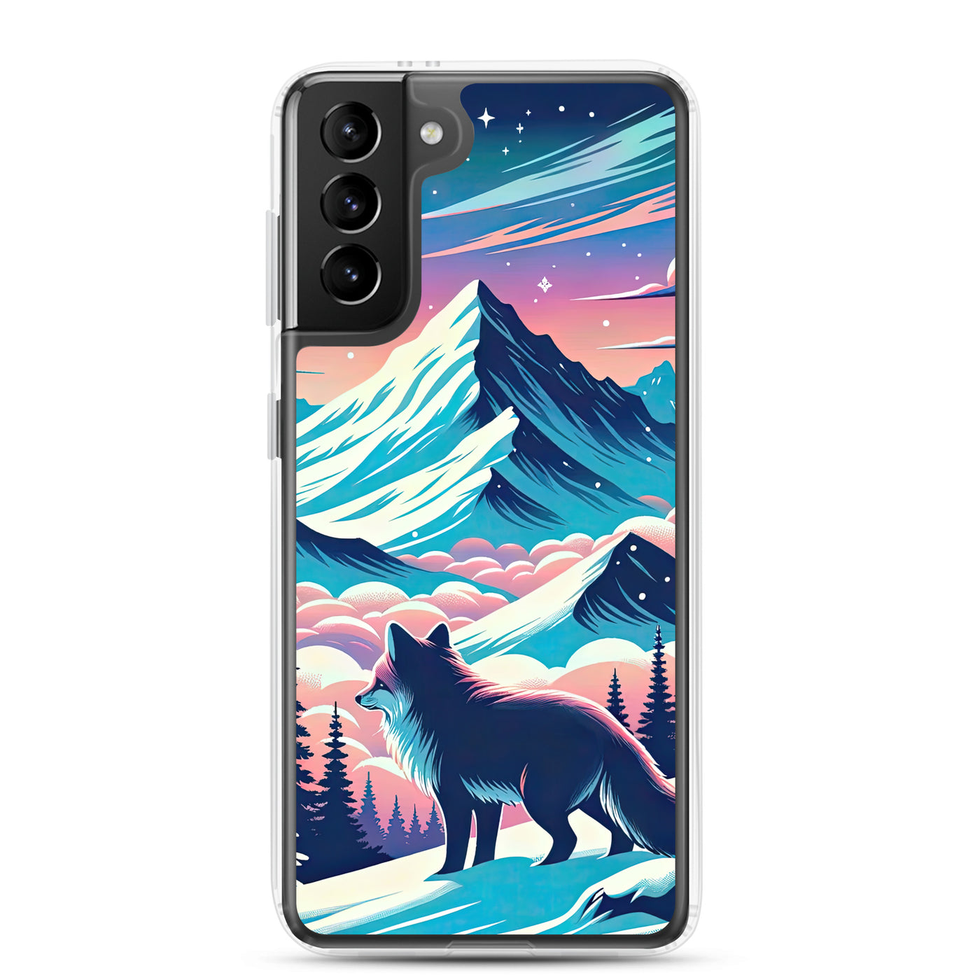 Vektorgrafik eines alpinen Winterwunderlandes mit schneebedeckten Kiefern und einem Fuchs - Samsung Schutzhülle (durchsichtig) camping xxx yyy zzz Samsung Galaxy S21 Plus