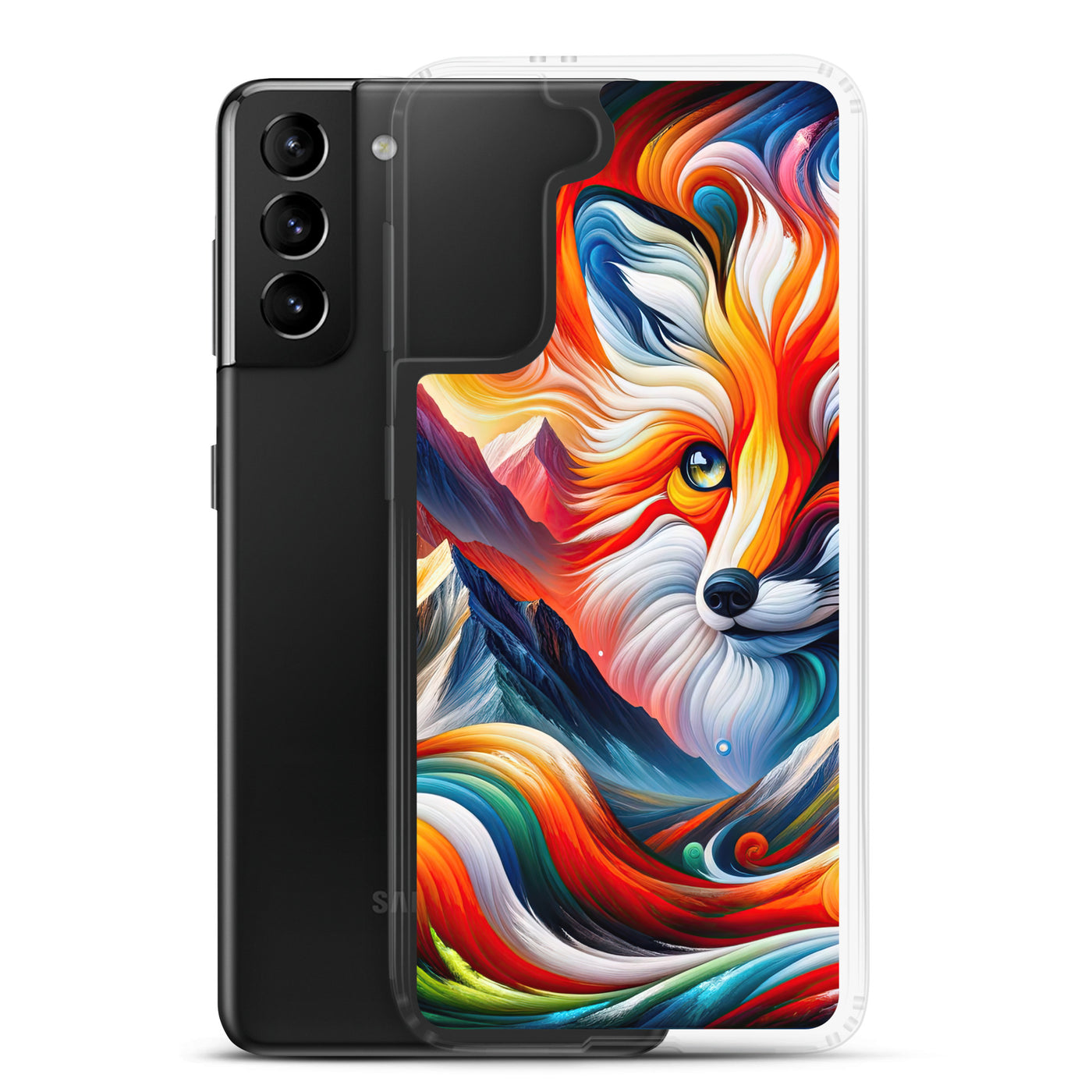 Abstrakte Kunst der Alpen voller lebendiger Farben und dynamischer Bewegung. Es dominiert ein farbiger Fuchs - Samsung Schutzhülle (durchsichtig) camping xxx yyy zzz