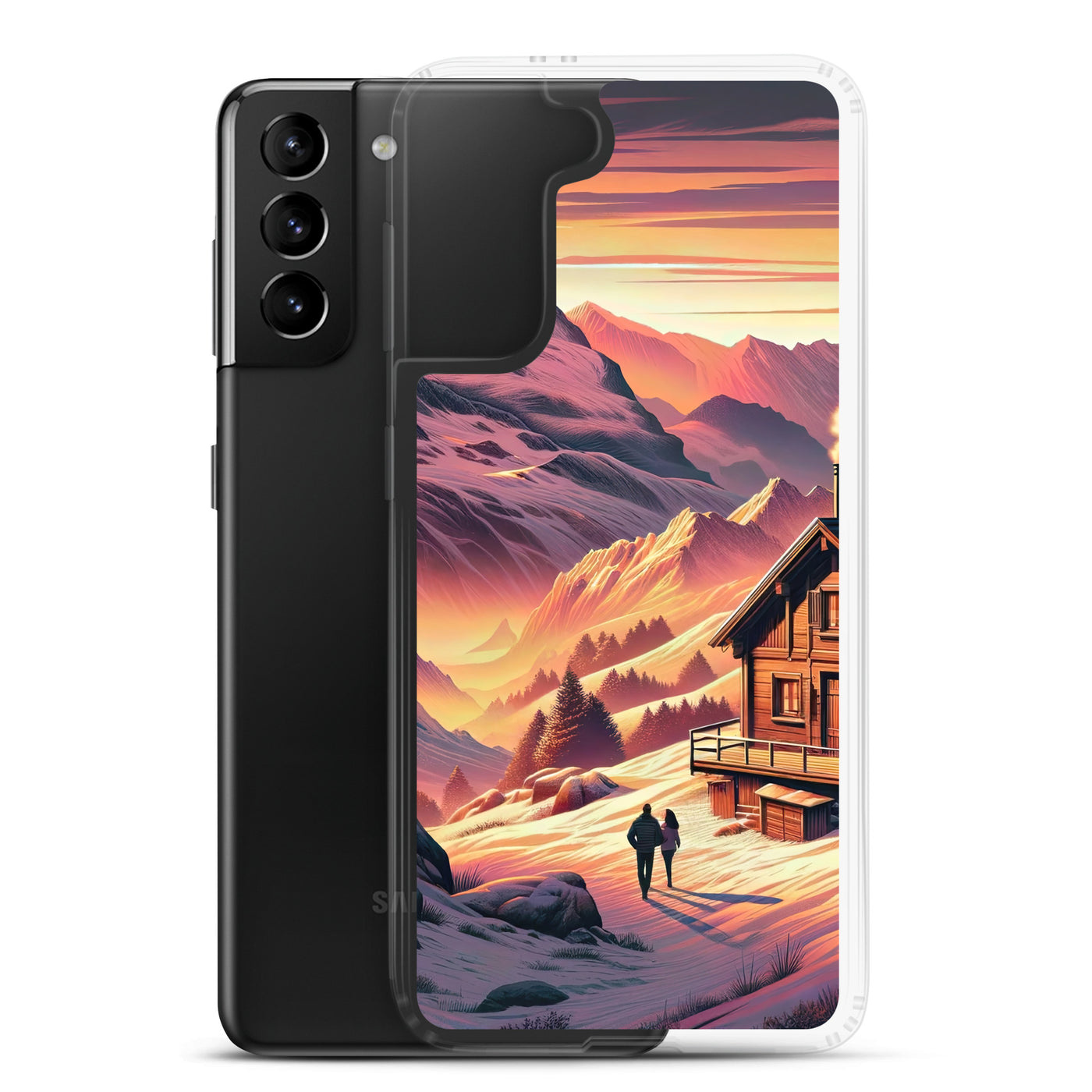 Berghütte im goldenen Sonnenuntergang: Digitale Alpenillustration - Samsung Schutzhülle (durchsichtig) berge xxx yyy zzz