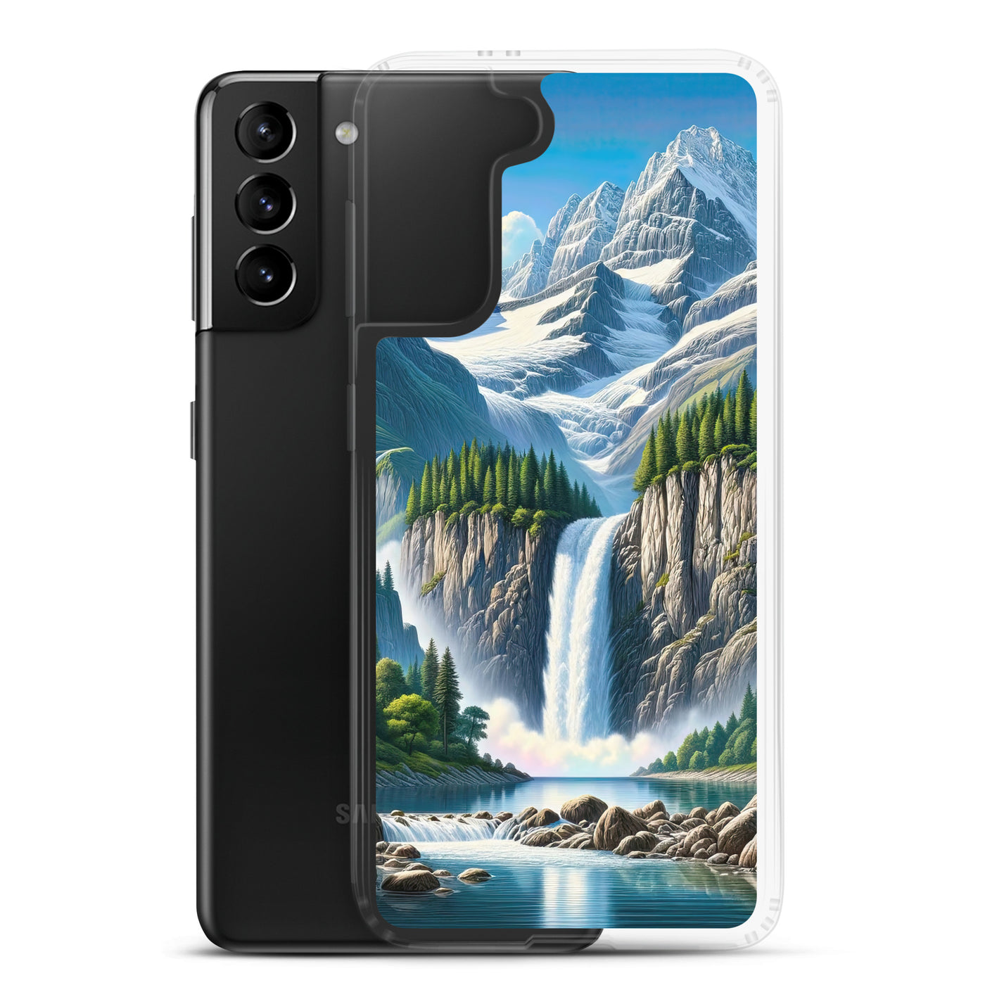 Illustration einer unberührten Alpenkulisse im Hochsommer. Wasserfall und See - Samsung Schutzhülle (durchsichtig) berge xxx yyy zzz