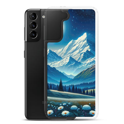 Klare frühlingshafte Alpennacht mit Blumen und Vollmond über Schneegipfeln - Samsung Schutzhülle (durchsichtig) berge xxx yyy zzz