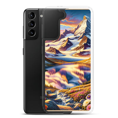 Quadratische Illustration der Alpen mit schneebedeckten Gipfeln und Wildblumen - Samsung Schutzhülle (durchsichtig) berge xxx yyy zzz