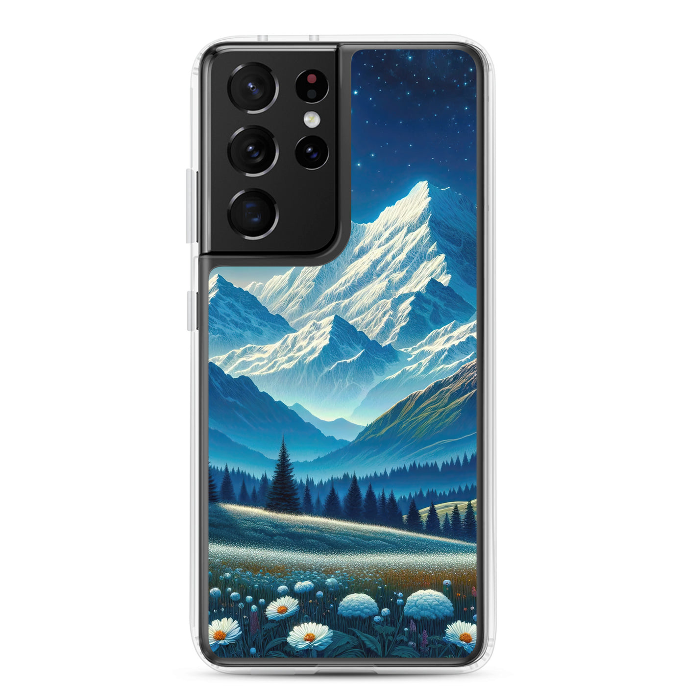 Klare frühlingshafte Alpennacht mit Blumen und Vollmond über Schneegipfeln - Samsung Schutzhülle (durchsichtig) berge xxx yyy zzz Samsung Galaxy S21 Ultra