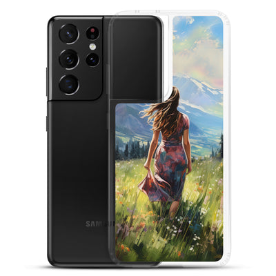 Frau mit langen Kleid im Feld mit Blumen - Berge im Hintergrund - Malerei - Samsung Schutzhülle (durchsichtig) berge xxx