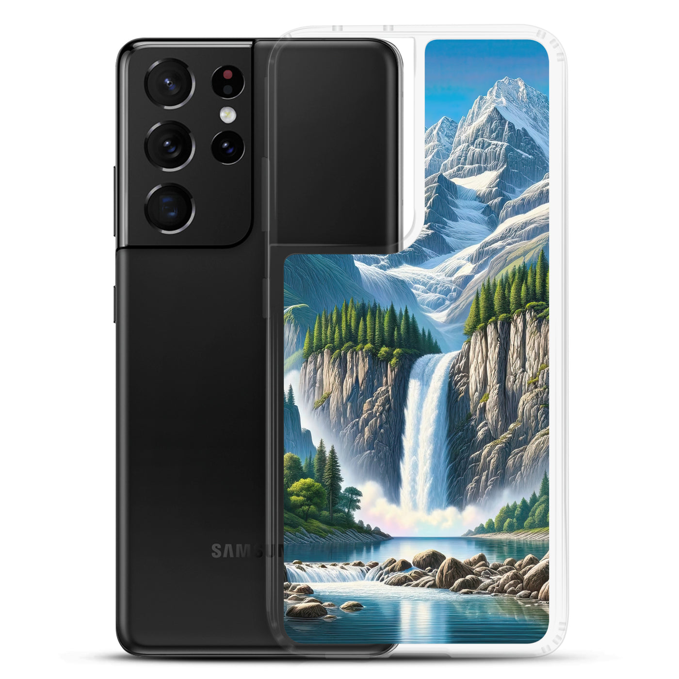 Illustration einer unberührten Alpenkulisse im Hochsommer. Wasserfall und See - Samsung Schutzhülle (durchsichtig) berge xxx yyy zzz