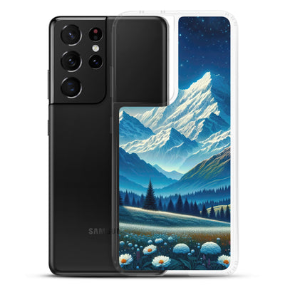 Klare frühlingshafte Alpennacht mit Blumen und Vollmond über Schneegipfeln - Samsung Schutzhülle (durchsichtig) berge xxx yyy zzz