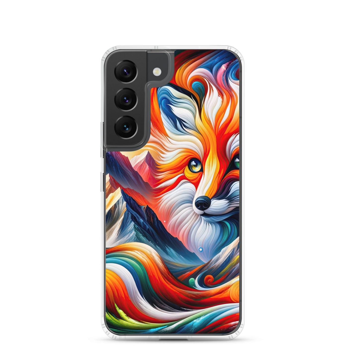 Abstrakte Kunst der Alpen voller lebendiger Farben und dynamischer Bewegung. Es dominiert ein farbiger Fuchs - Samsung Schutzhülle (durchsichtig) camping xxx yyy zzz Samsung Galaxy S22