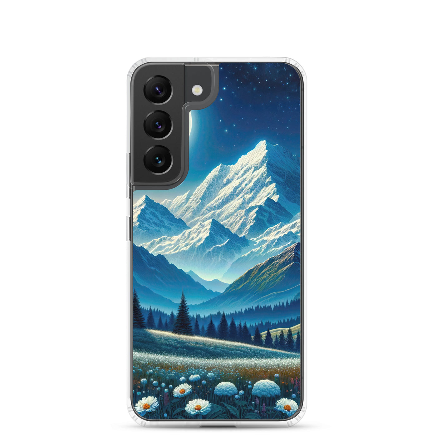 Klare frühlingshafte Alpennacht mit Blumen und Vollmond über Schneegipfeln - Samsung Schutzhülle (durchsichtig) berge xxx yyy zzz Samsung Galaxy S22