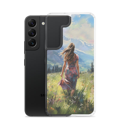 Frau mit langen Kleid im Feld mit Blumen - Berge im Hintergrund - Malerei - Samsung Schutzhülle (durchsichtig) berge xxx