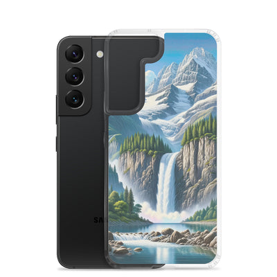 Illustration einer unberührten Alpenkulisse im Hochsommer. Wasserfall und See - Samsung Schutzhülle (durchsichtig) berge xxx yyy zzz