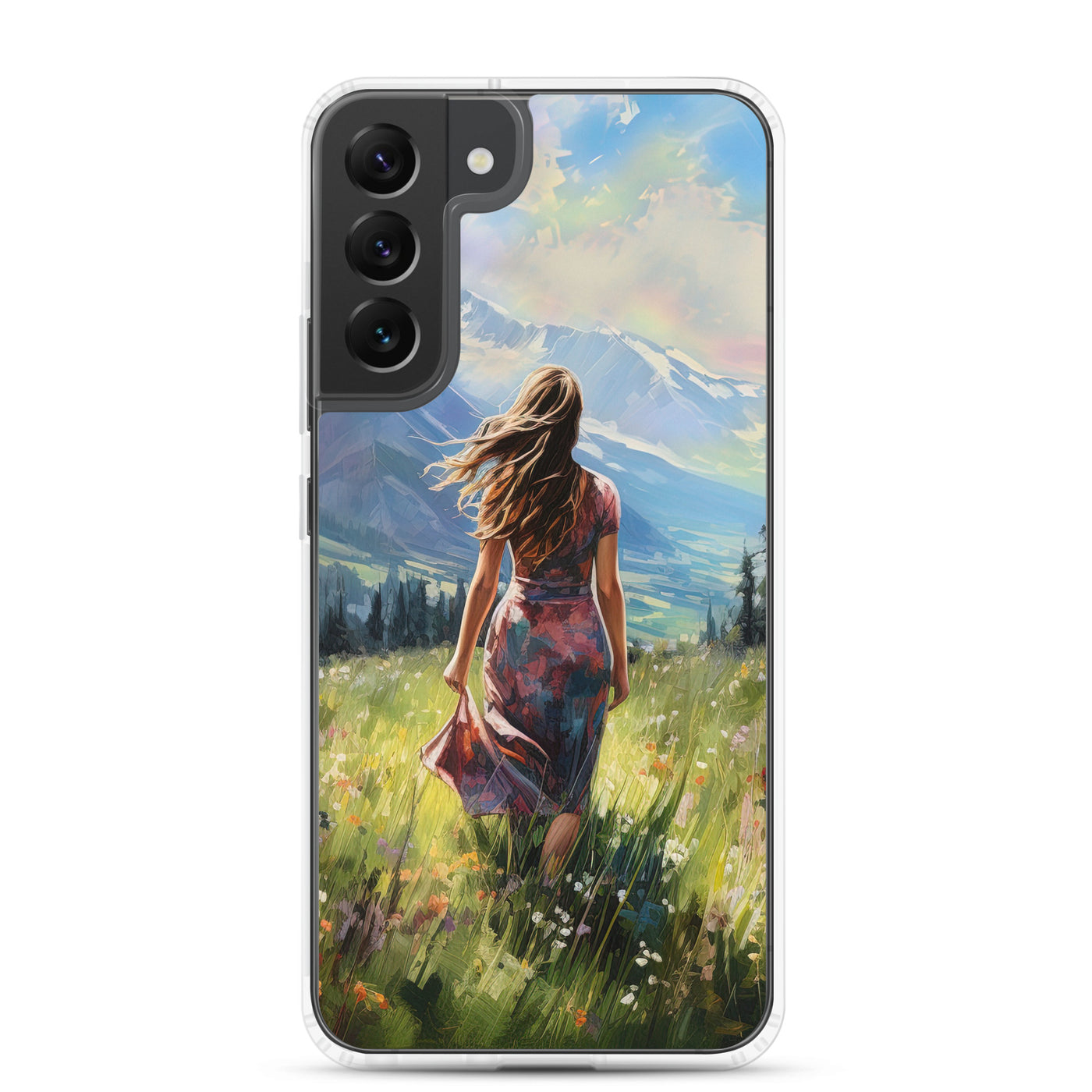 Frau mit langen Kleid im Feld mit Blumen - Berge im Hintergrund - Malerei - Samsung Schutzhülle (durchsichtig) berge xxx Samsung Galaxy S22 Plus