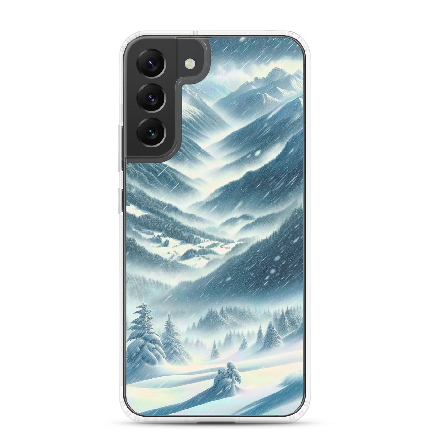 Alpine Wildnis im Wintersturm mit Skifahrer, verschneite Landschaft - Samsung Schutzhülle (durchsichtig) klettern ski xxx yyy zzz Samsung Galaxy S22 Plus