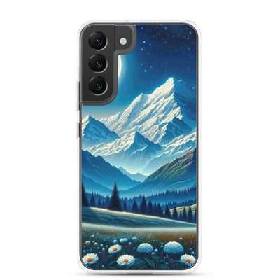 Klare frühlingshafte Alpennacht mit Blumen und Vollmond über Schneegipfeln - Samsung Schutzhülle (durchsichtig) berge xxx yyy zzz Samsung Galaxy S22 Plus