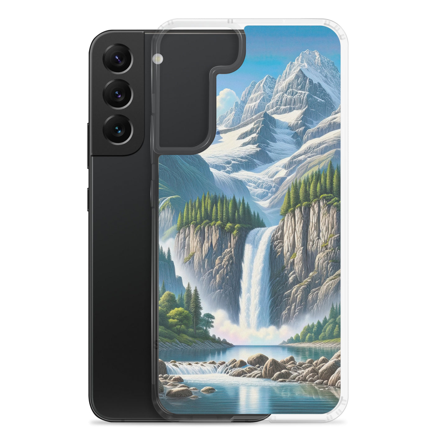 Illustration einer unberührten Alpenkulisse im Hochsommer. Wasserfall und See - Samsung Schutzhülle (durchsichtig) berge xxx yyy zzz