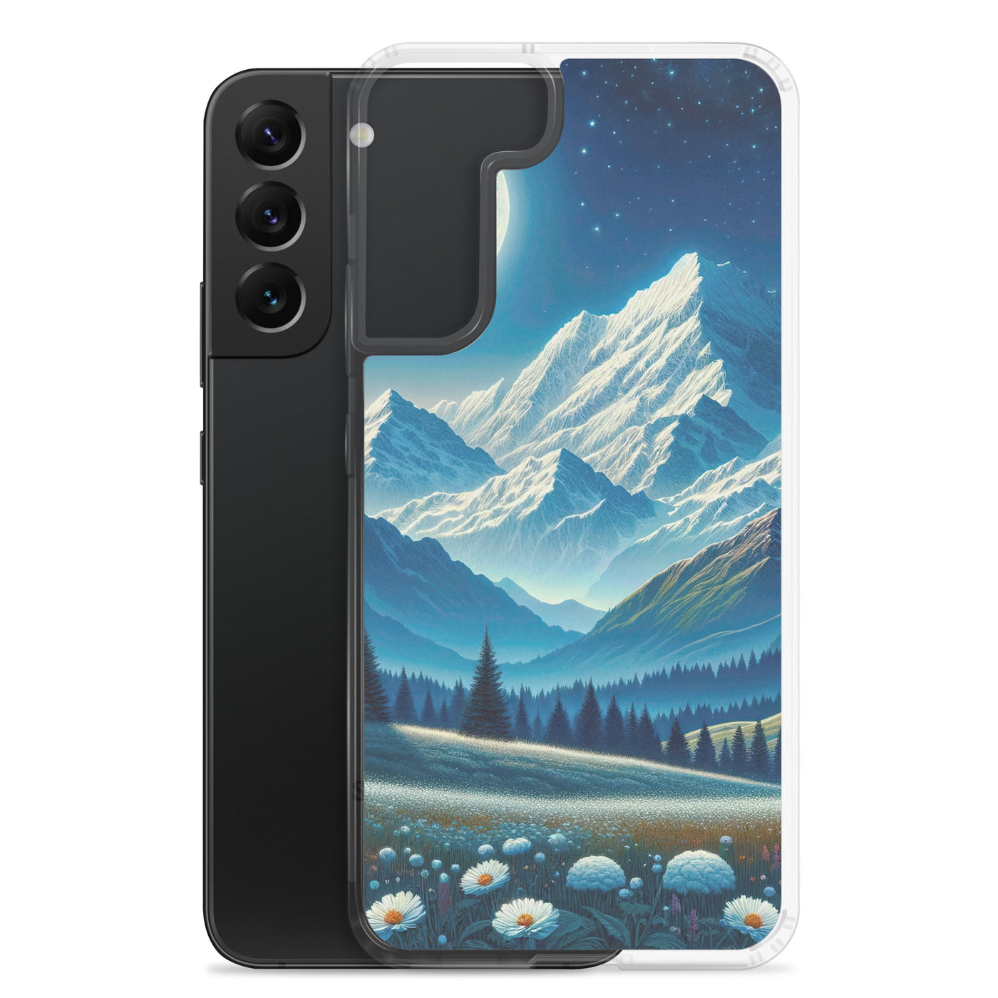 Klare frühlingshafte Alpennacht mit Blumen und Vollmond über Schneegipfeln - Samsung Schutzhülle (durchsichtig) berge xxx yyy zzz