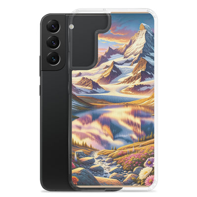 Quadratische Illustration der Alpen mit schneebedeckten Gipfeln und Wildblumen - Samsung Schutzhülle (durchsichtig) berge xxx yyy zzz