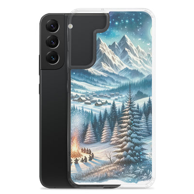 Aquarell eines Winterabends in den Alpen mit Lagerfeuer und Wanderern, glitzernder Neuschnee - Samsung Schutzhülle (durchsichtig) camping xxx yyy zzz