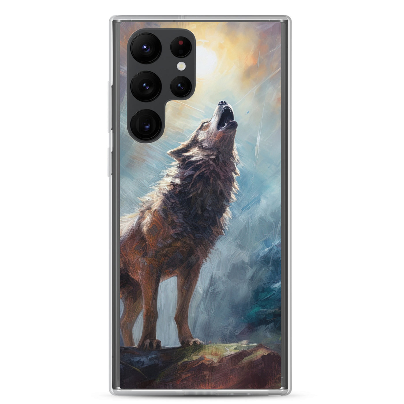 Heulender Wolf auf Berggipfel und Mond im Hintergrund – Abstrakte Malerei - Samsung Schutzhülle (durchsichtig) camping xxx Samsung Galaxy S22 Ultra