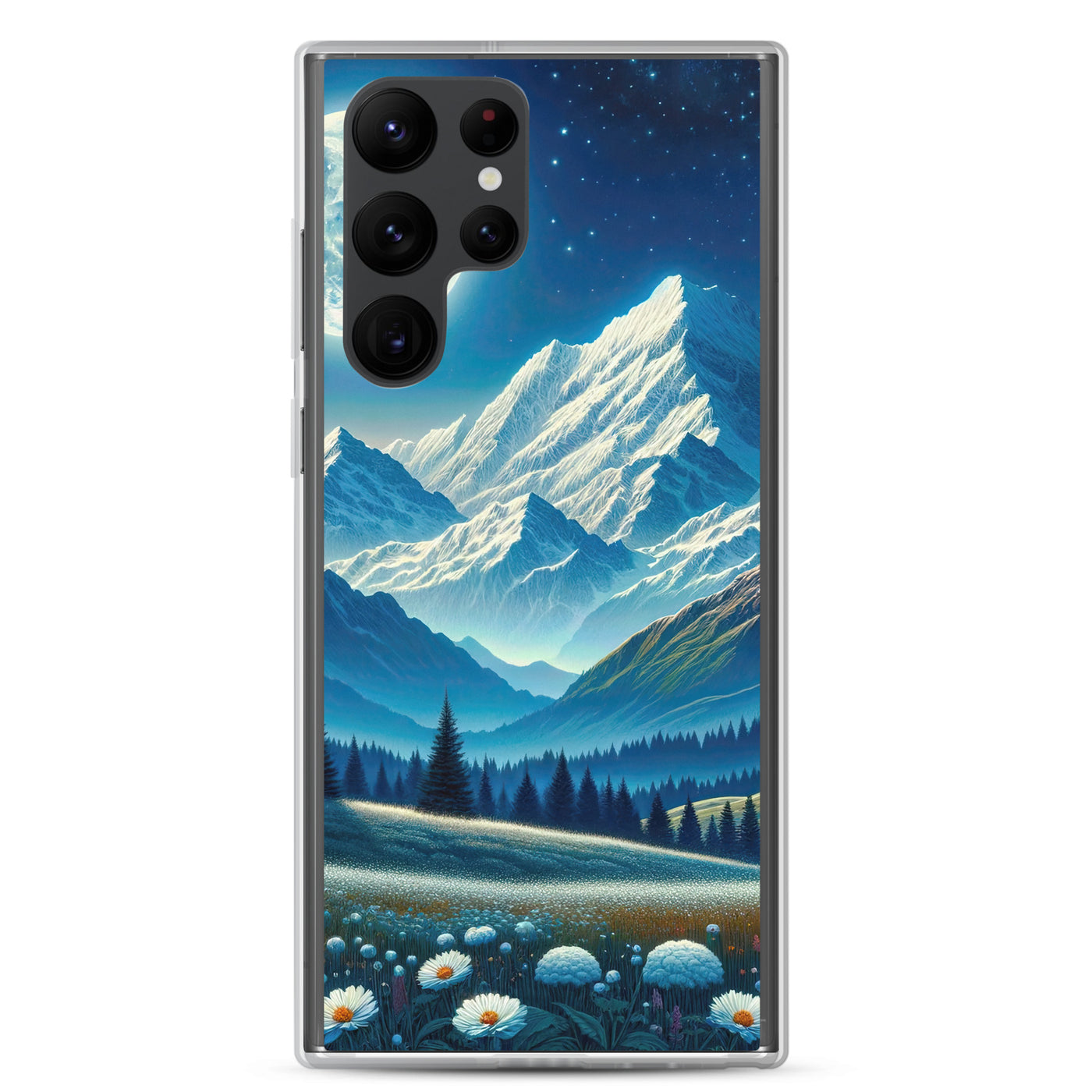 Klare frühlingshafte Alpennacht mit Blumen und Vollmond über Schneegipfeln - Samsung Schutzhülle (durchsichtig) berge xxx yyy zzz Samsung Galaxy S22 Ultra