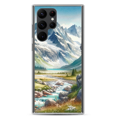 Aquarellmalerei eines Bären und der sommerlichen Alpenschönheit mit schneebedeckten Ketten - Samsung Schutzhülle (durchsichtig) camping xxx yyy zzz Samsung Galaxy S22 Ultra