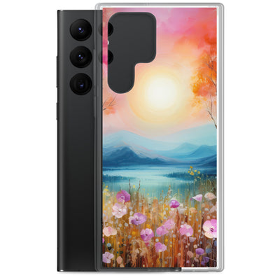 Berge, See, pinke Bäume und Blumen - Malerei - Samsung Schutzhülle (durchsichtig) berge xxx