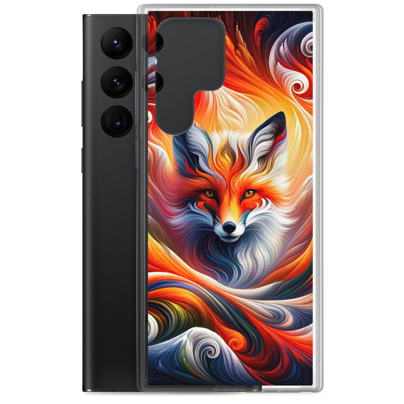 Abstraktes Kunstwerk, das den Geist der Alpen verkörpert. Leuchtender Fuchs in den Farben Orange, Rot, Weiß - Samsung Schutzhülle (durchsichtig) camping xxx yyy zzz