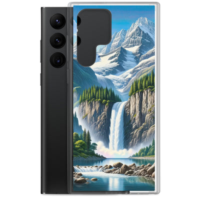 Illustration einer unberührten Alpenkulisse im Hochsommer. Wasserfall und See - Samsung Schutzhülle (durchsichtig) berge xxx yyy zzz